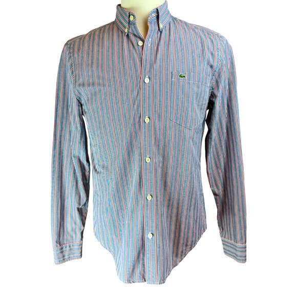 LACOSTE Blue Red Striped Button Front Shirt Sz 38‎ M France Office Work Dress - Picture 1 of 13